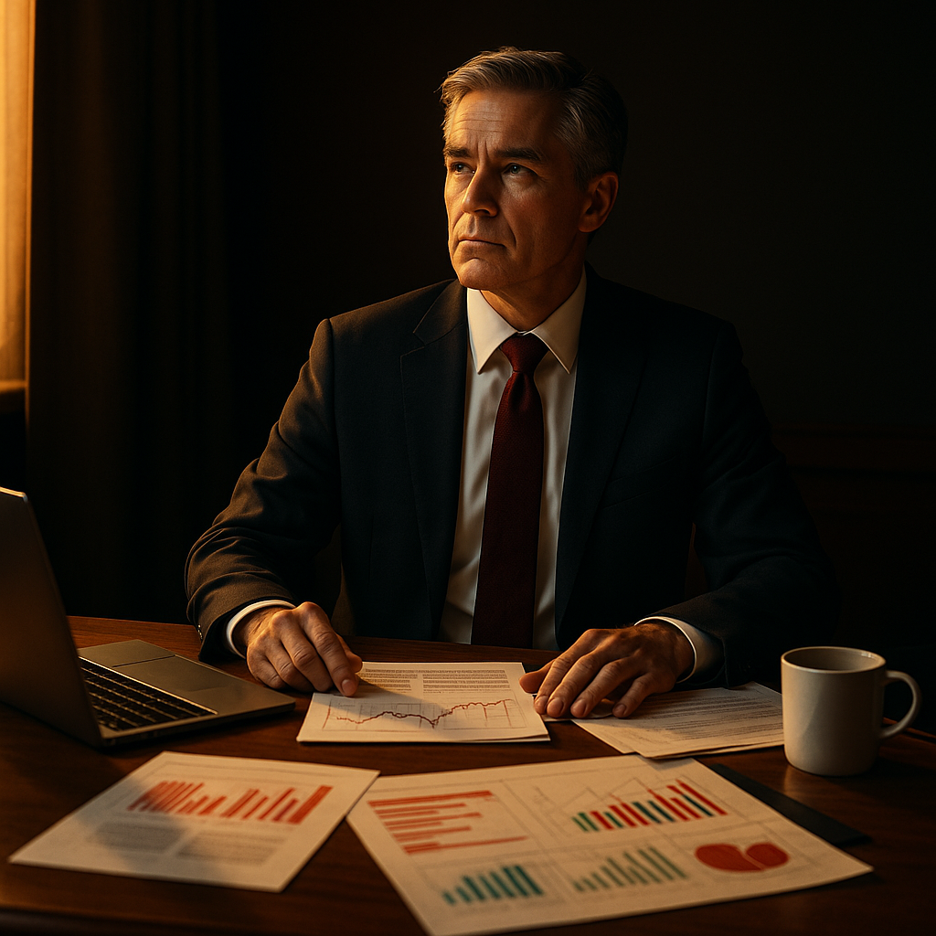 Photo d’un directeur financier de transition assis à son bureau, consultant des graphiques financiers à la lumière chaude du soir, incarnant la rigueur et la stratégie financière.