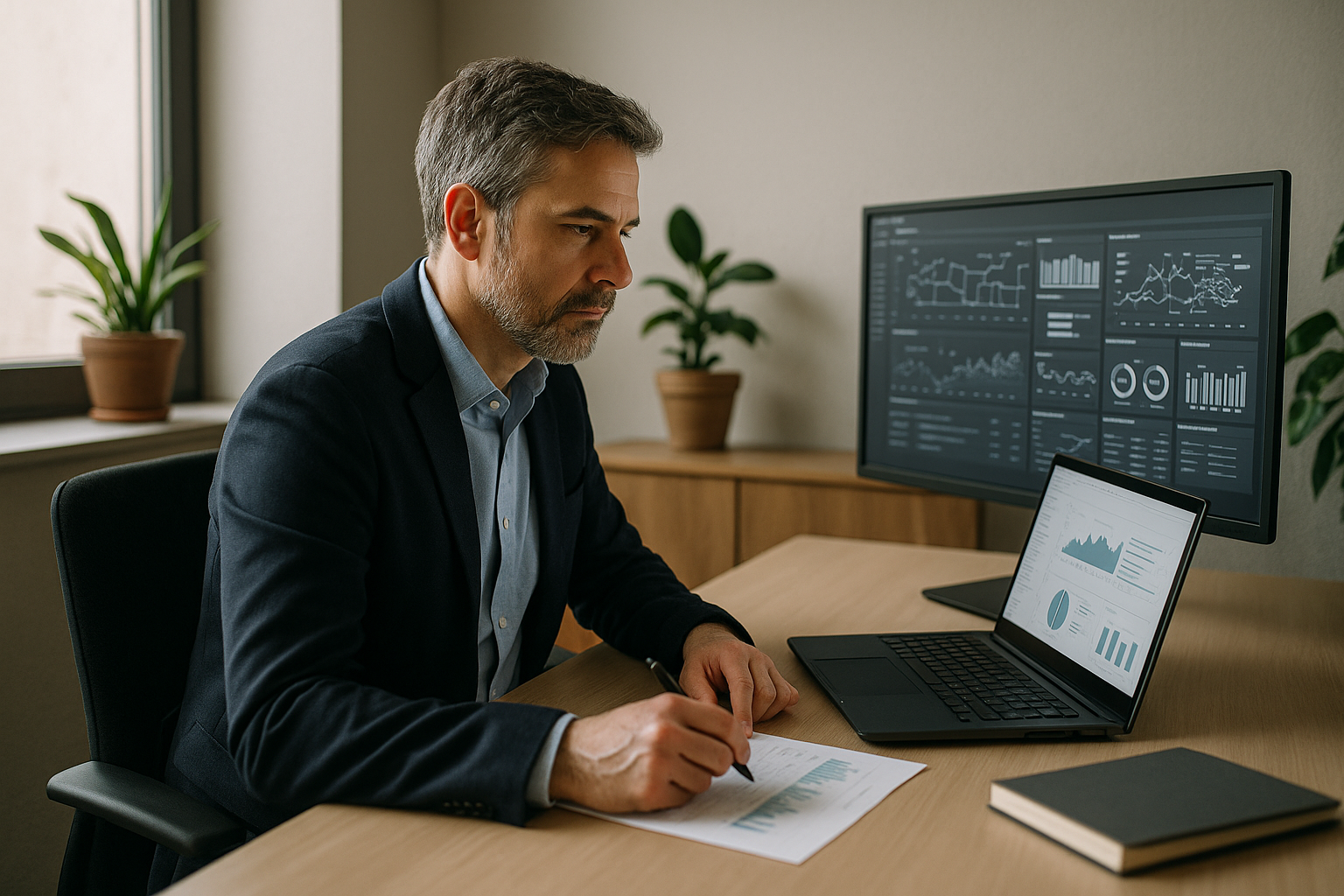 DAF travaillant sur des tableaux de bord IT dans un bureau PME-ETI, concentré sur le pilotage des systèmes d’information.