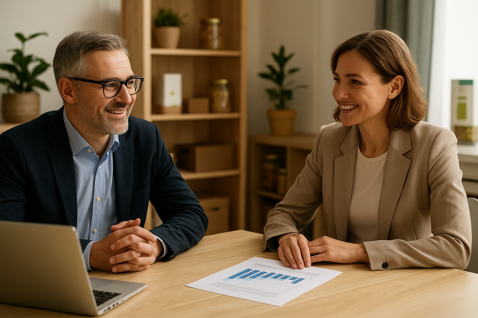 Directeur administratif et financier de transition en réunion stratégique avec la direction d’une PME du secteur agroalimentaire, illustrant la rigueur et la proximité managériale.